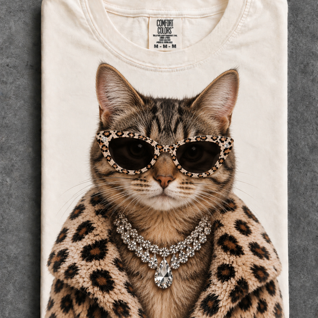 Made to Order | Boujee Fur Coat Energy Tabby Cat Printed Graphic Design Tee or Sweatshirt in Multiple Printing Options on Ivory