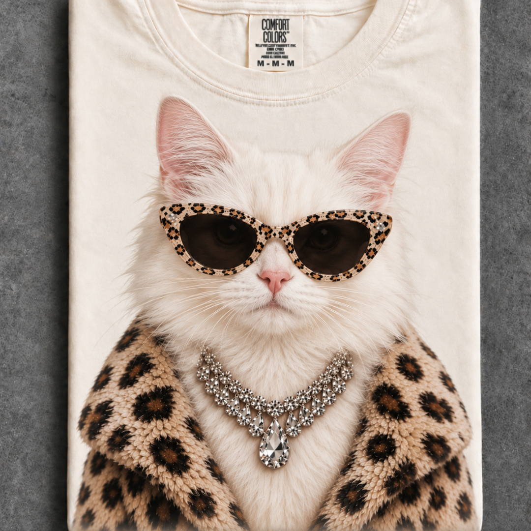 Made to Order | Boujee Fur Coat Energy White Cat Printed Graphic Design Tee or Sweatshirt in Multiple Printing Options on Ivory