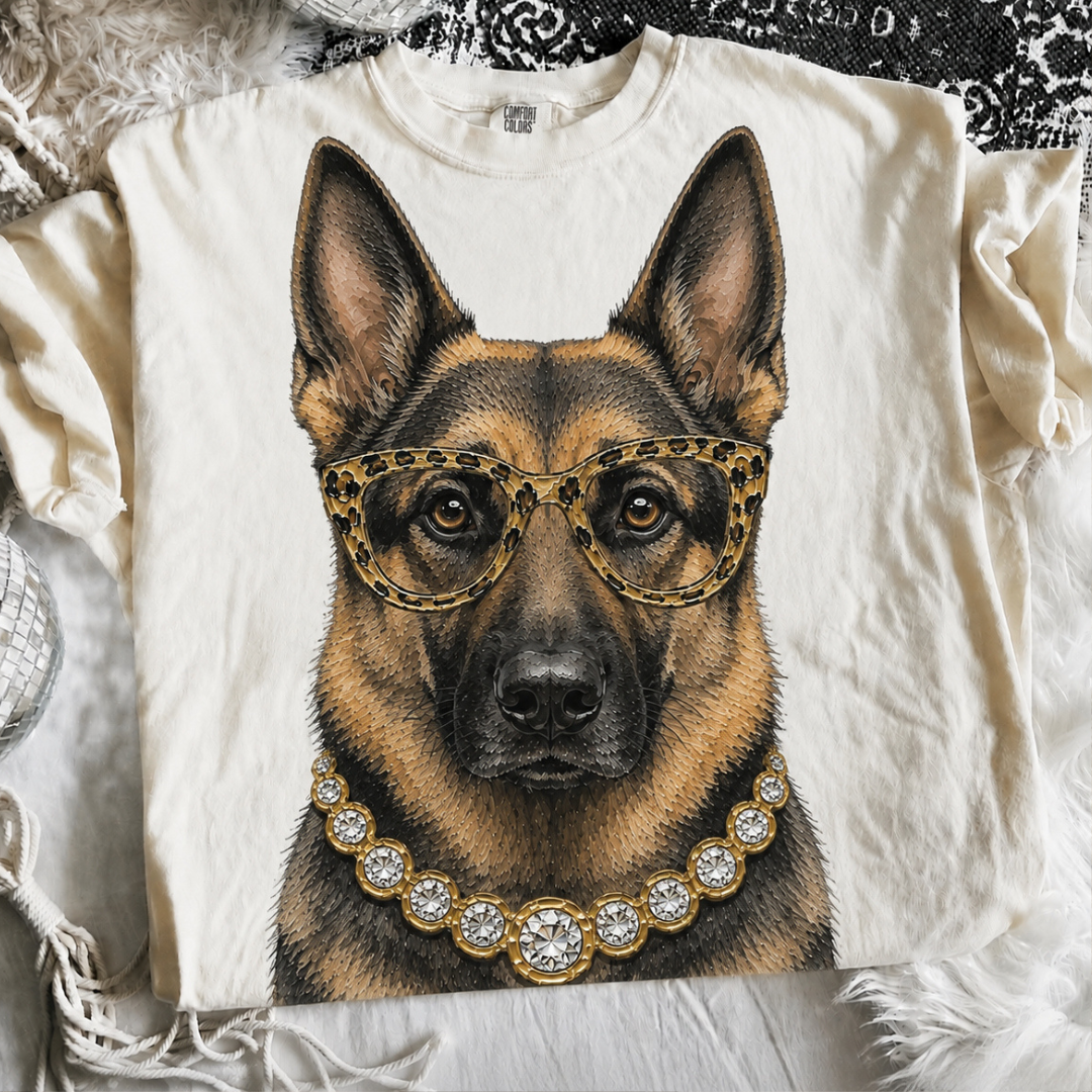 Made to Order | Boujee German Shepard Printed Graphic Design Tee or Sweatshirt in Multiple Printing Options on Ivory