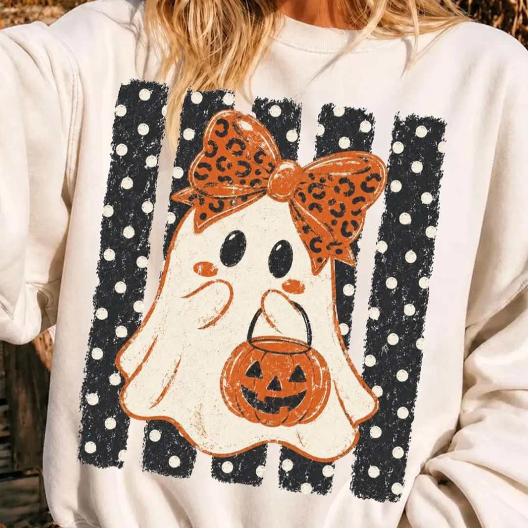 Made to Order | Trick Or Treat Ghost Design Tee or Sweatshirt in Multiple Printing Options on White