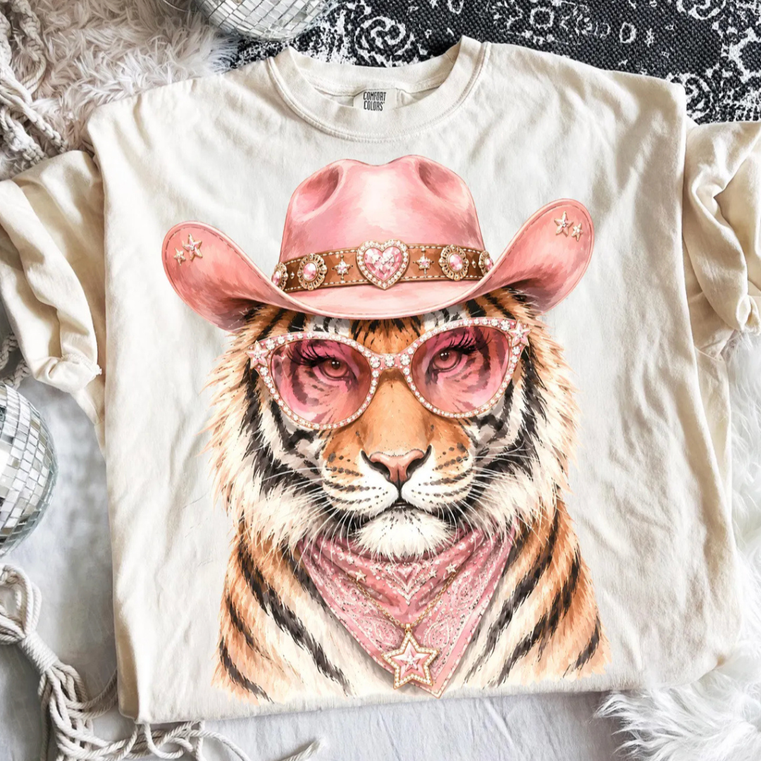 Made to Order | Boujee Pink Cowgirl Tiger Graphic Design Tee or Sweatshirt in Multiple Printing Options on Ivory