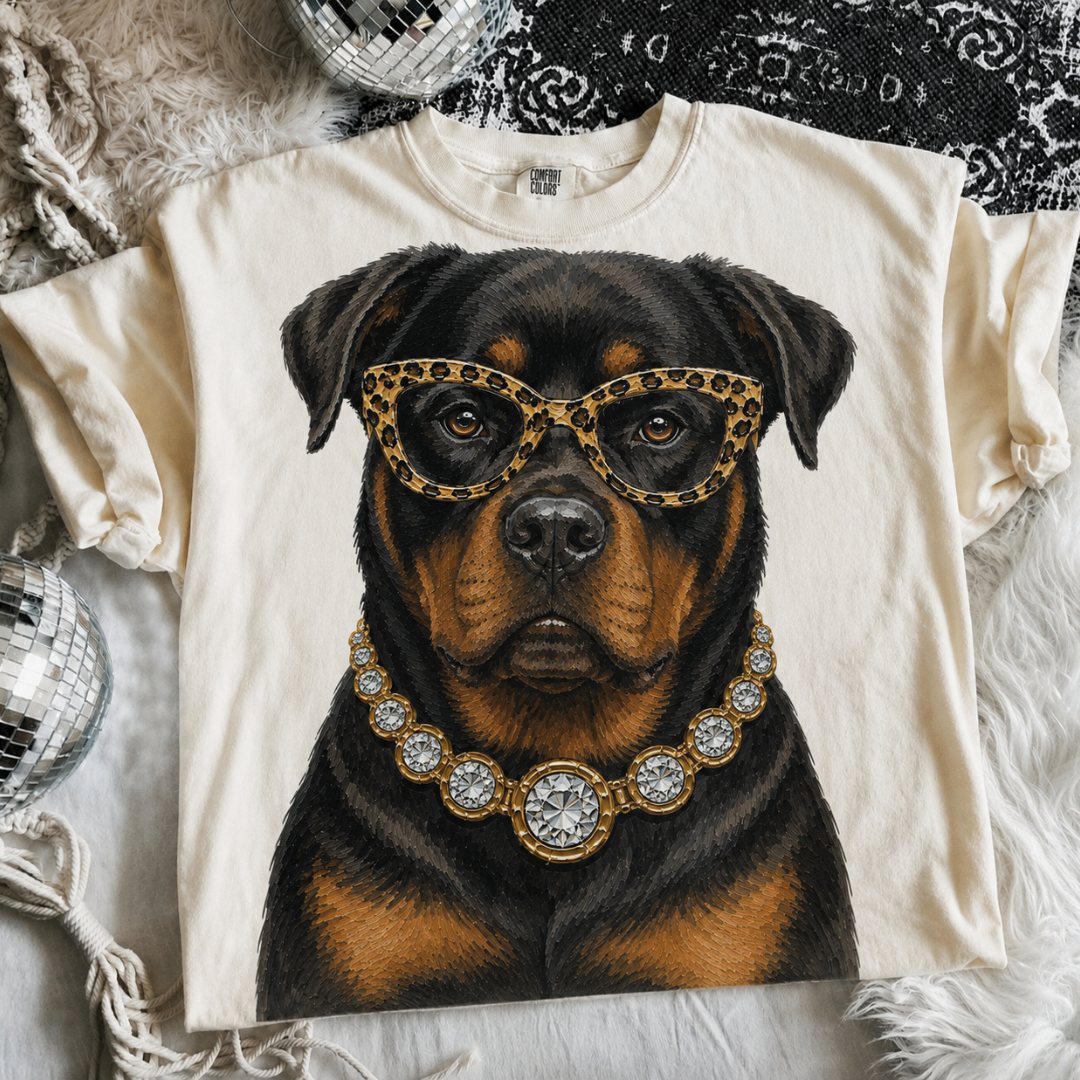 Made to Order | Boujee Rottweiler Printed Graphic Design Tee or Sweatshirt in Multiple Printing Options on Ivory