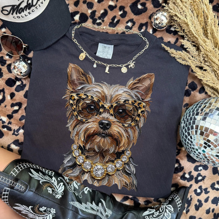 Made to Order | Boujee Yorkie Printed Graphic Tee or Sweatshirt in Multiple Printing Options on Ivory or Black