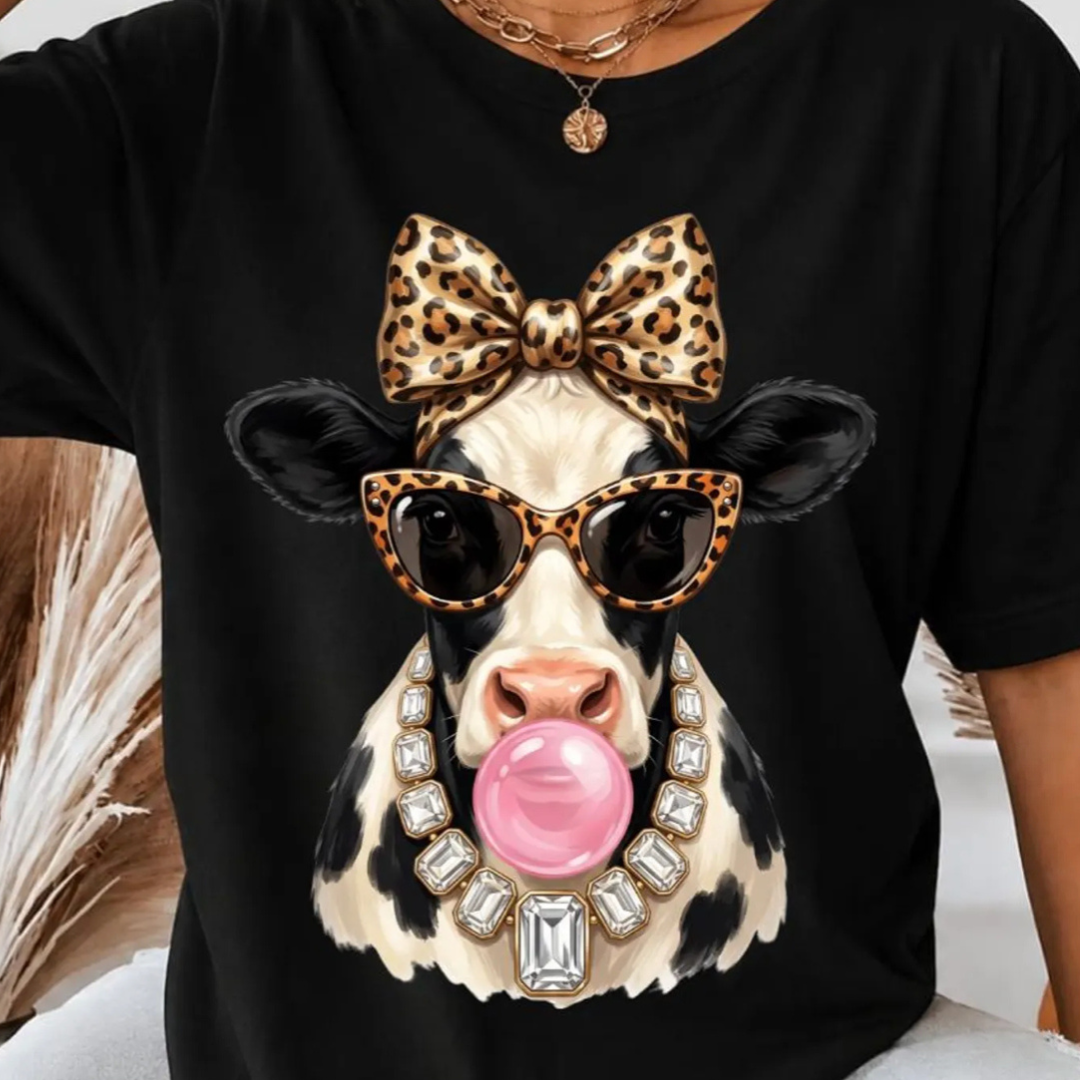 Made to Order | Bubblegum Cow Printed Graphic Design Tee or Sweatshirt in Multiple Printing Options on Black