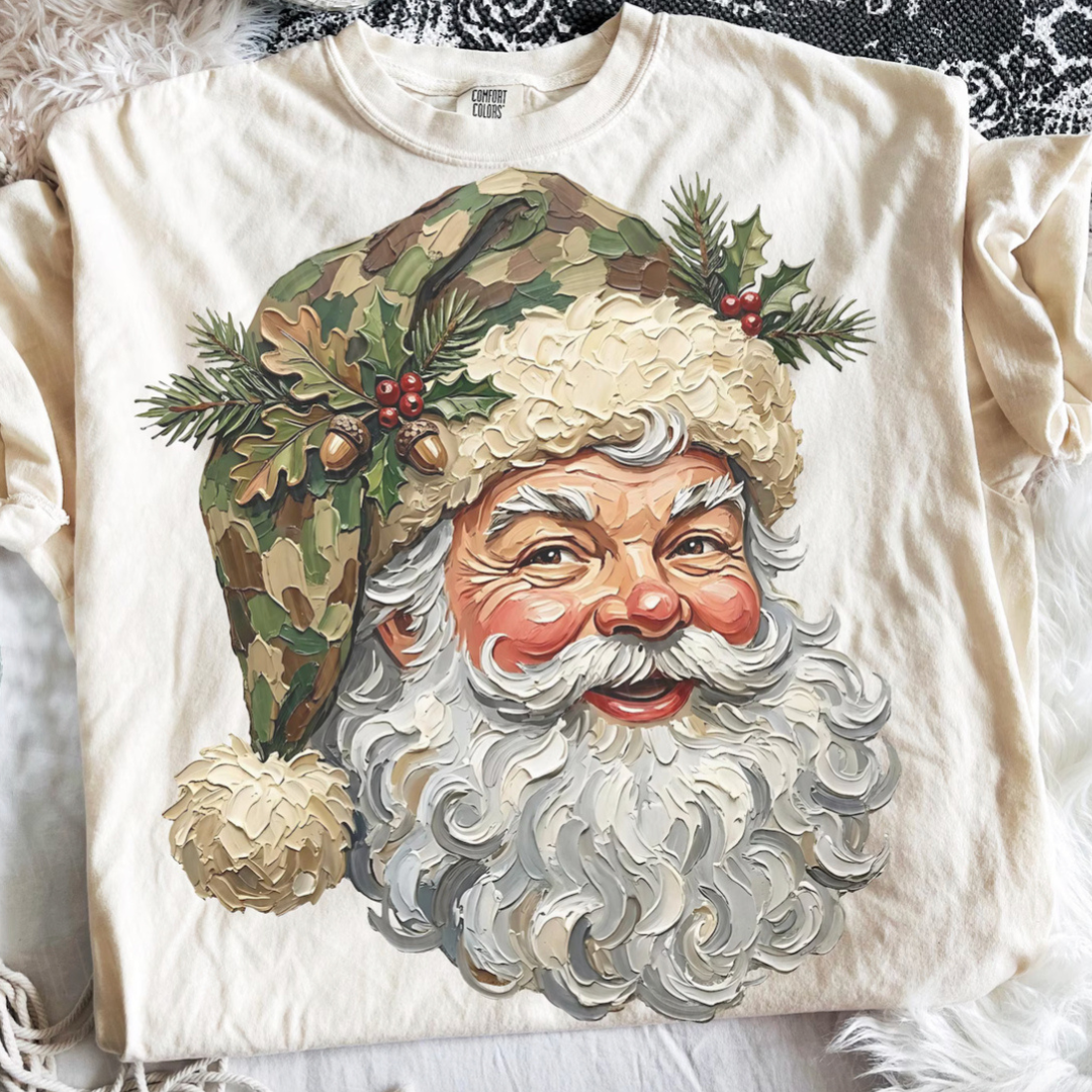 Made to Order | Camo Hat Santa Graphic Tee or Sweatshirt in Multiple Printing Options on Ivory