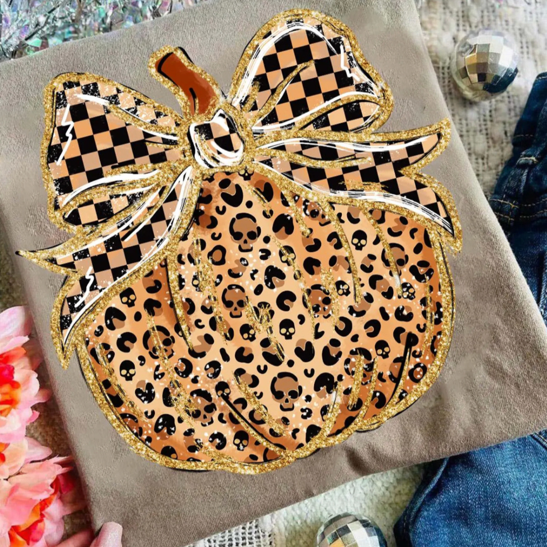 Made to Order | Checkered Bow Leopard Pumpkin Graphic Design Tee or Sweatshirt in Multiple Printing Options on Brown