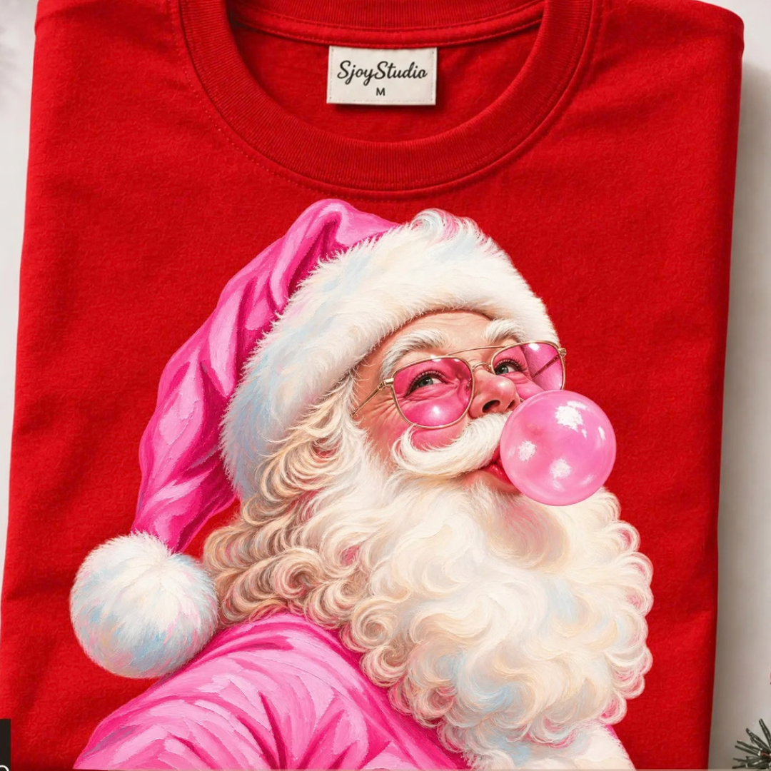 Made to Order | Christmas Bubblegum Pink Santa Graphic Tee or Sweatshirt in Multiple Printing Options on Red