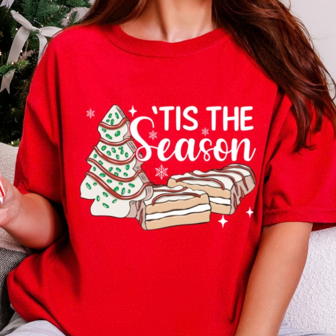 Made to Order | Christmas Cake Tis The Season Graphic Tee or Sweatshirt in Multiple Printing Options on Red