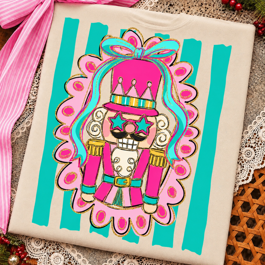 Made to Order | Christmas Coquette Nutcracker Striped Graphic Tee or Sweatshirt in Multiple Printing Options on Sand