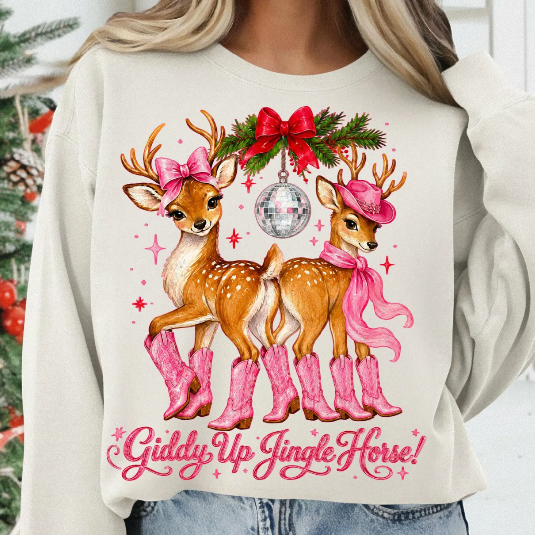 Made to Order | Christmas Giddy Up Deer Graphic Tee or Sweatshirt in Multiple Printing Options on Natural