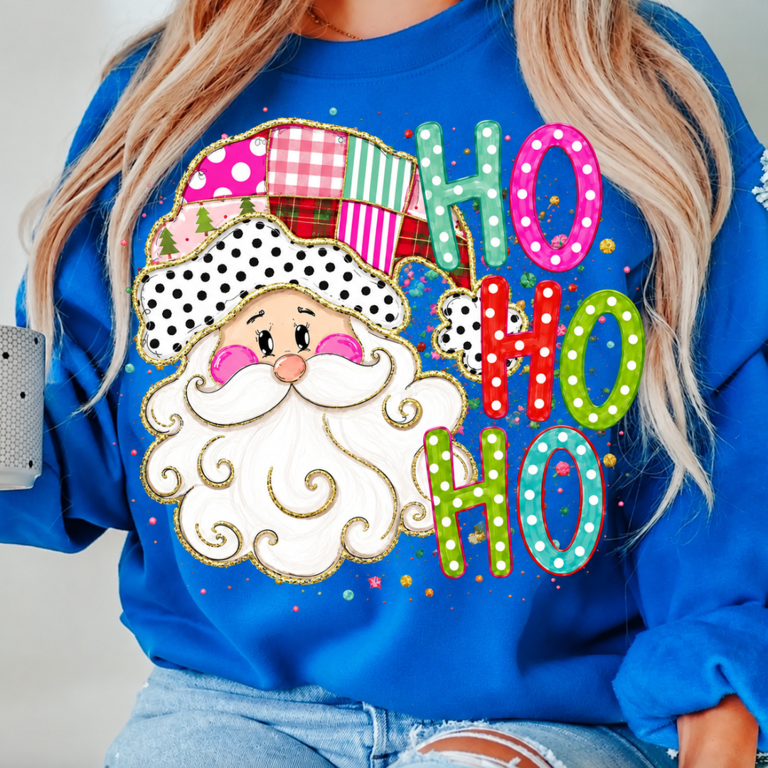 Made to Order | Christmas Ho Ho Santa Graphic Tee or Sweatshirt in Multiple Printing Options on Royal Blue