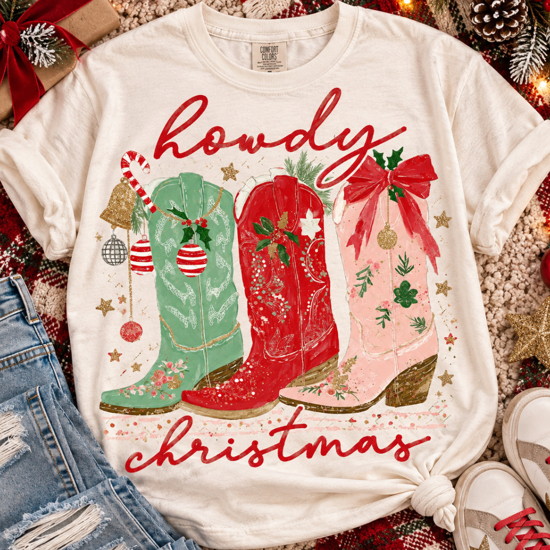 Made to Order | Christmas Howdy Boots Graphic Tee or Sweatshirt in Multiple Printing Options on Ivory