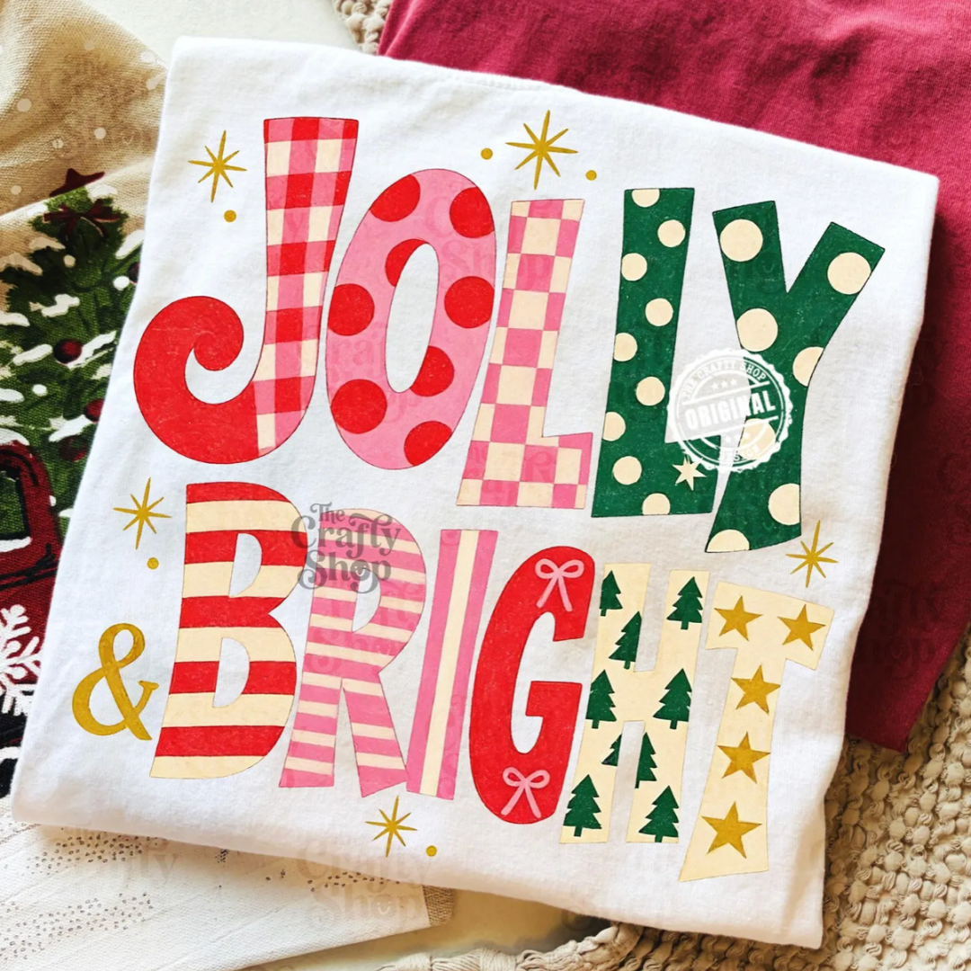 Made to Order | Christmas Jolly &amp; Bright Graphic Tee or Sweatshirt in Multiple Printing Options on White