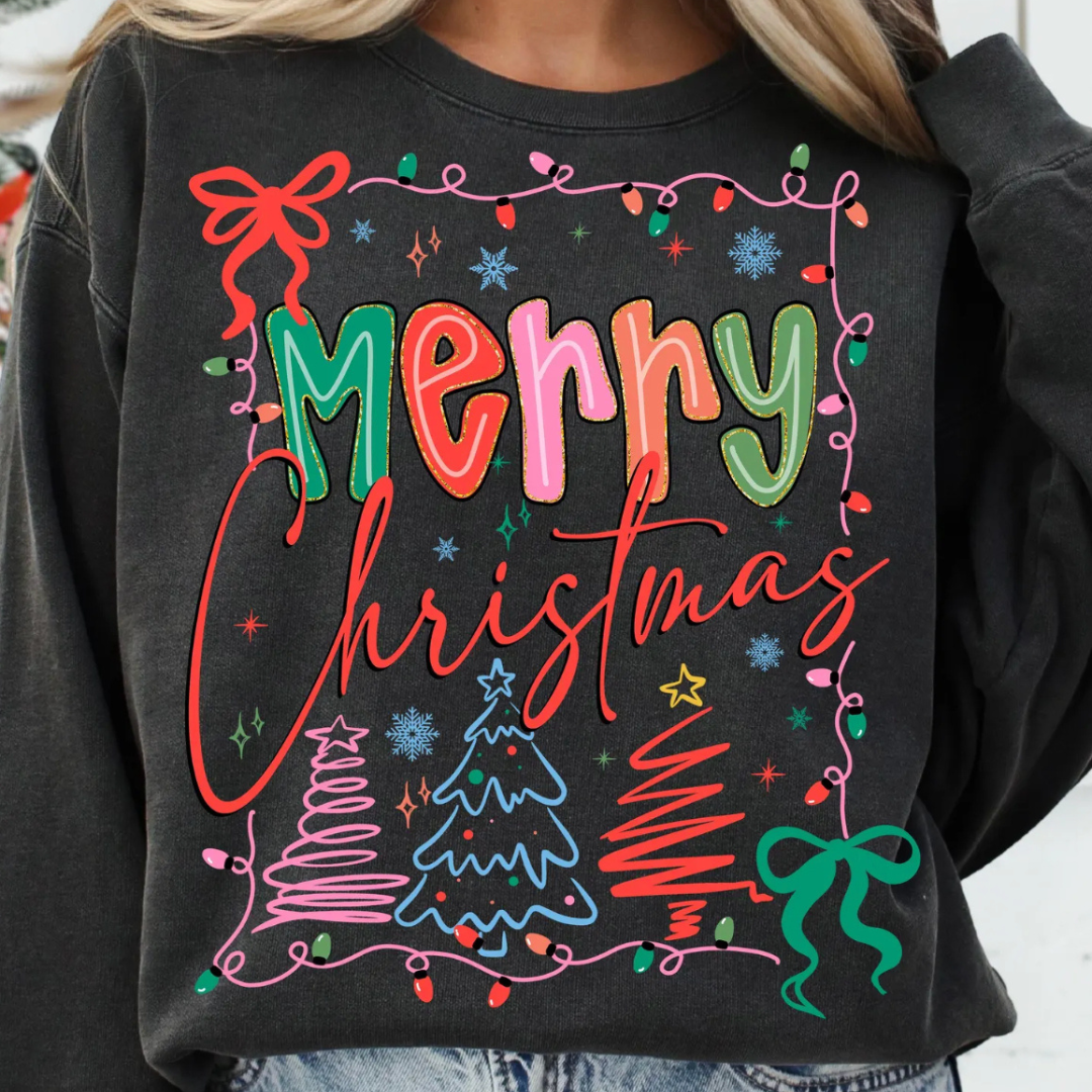 Made to Order | Christmas Merry Lights Graphic Tee or Sweatshirt in Multiple Printing Options on Black