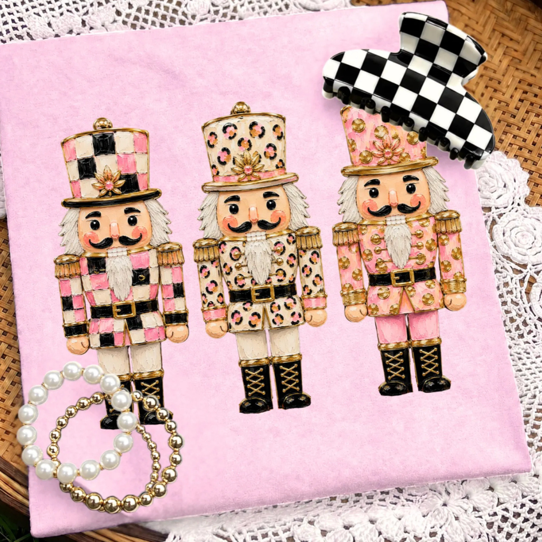 Made to Order | Christmas Nutcracker Trio Graphic Tee or Sweatshirt in Multiple Printing Options on Light Pink