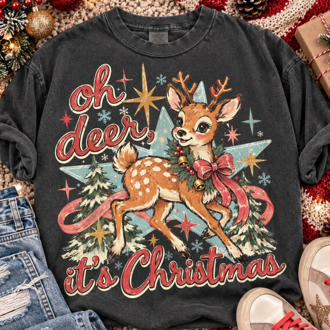 Made to Order | Christmas Oh Dear Graphic Tee or Sweatshirt in Multiple Printing Options on Pepper Black