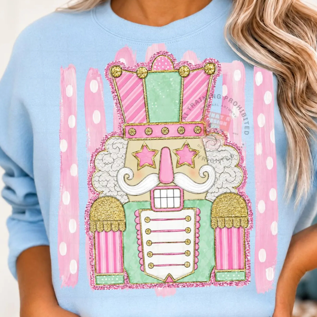 Made to Order | Christmas Pastel Girly Nutcracker Graphic Tee or Sweatshirt in Multiple Printing Options on Light Blue