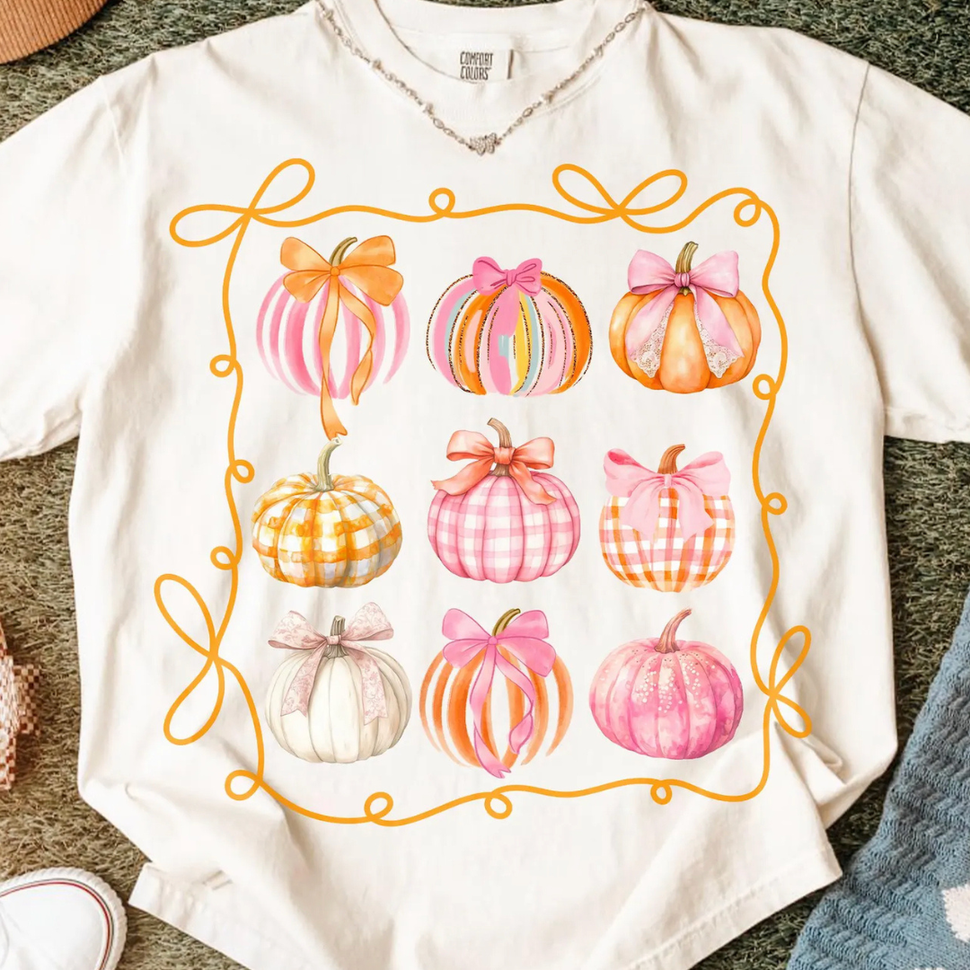 Made to Order | FALL Coquette Pumpkin Graphic Design Tee or Sweatshirt in Multiple Printing Options on White