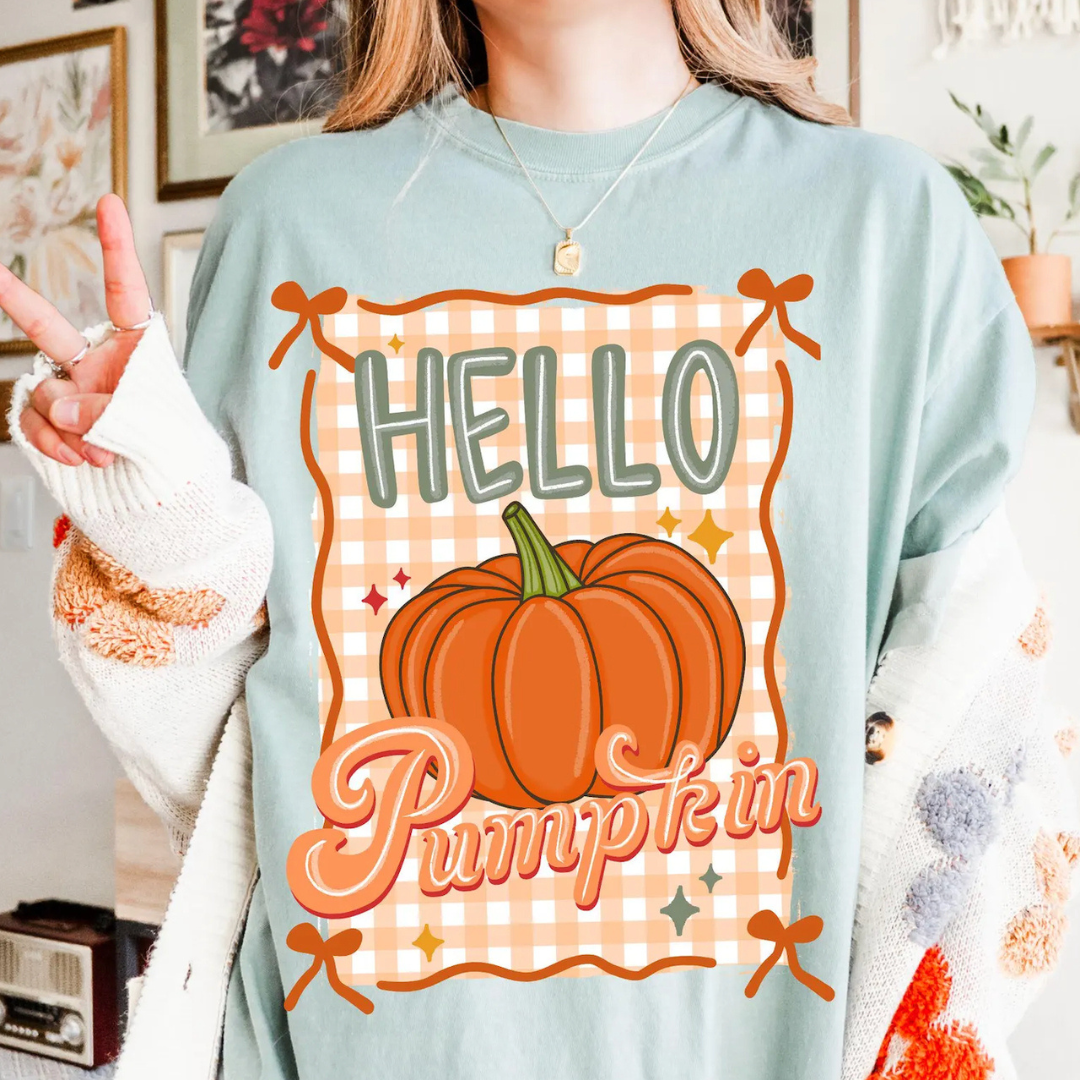 Made to Order | Hello Pumpkin Graphic Design Tee or Sweatshirt in Multiple Printing Options on Sage Green