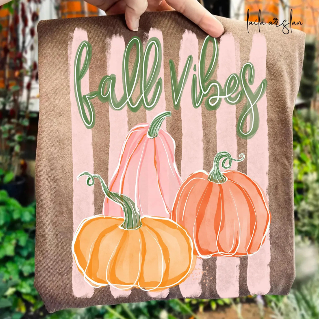 Made to Order | Fall Vibes Pink Striped Graphic Design Tee or Sweatshirt in Multiple Printing Options on Brown