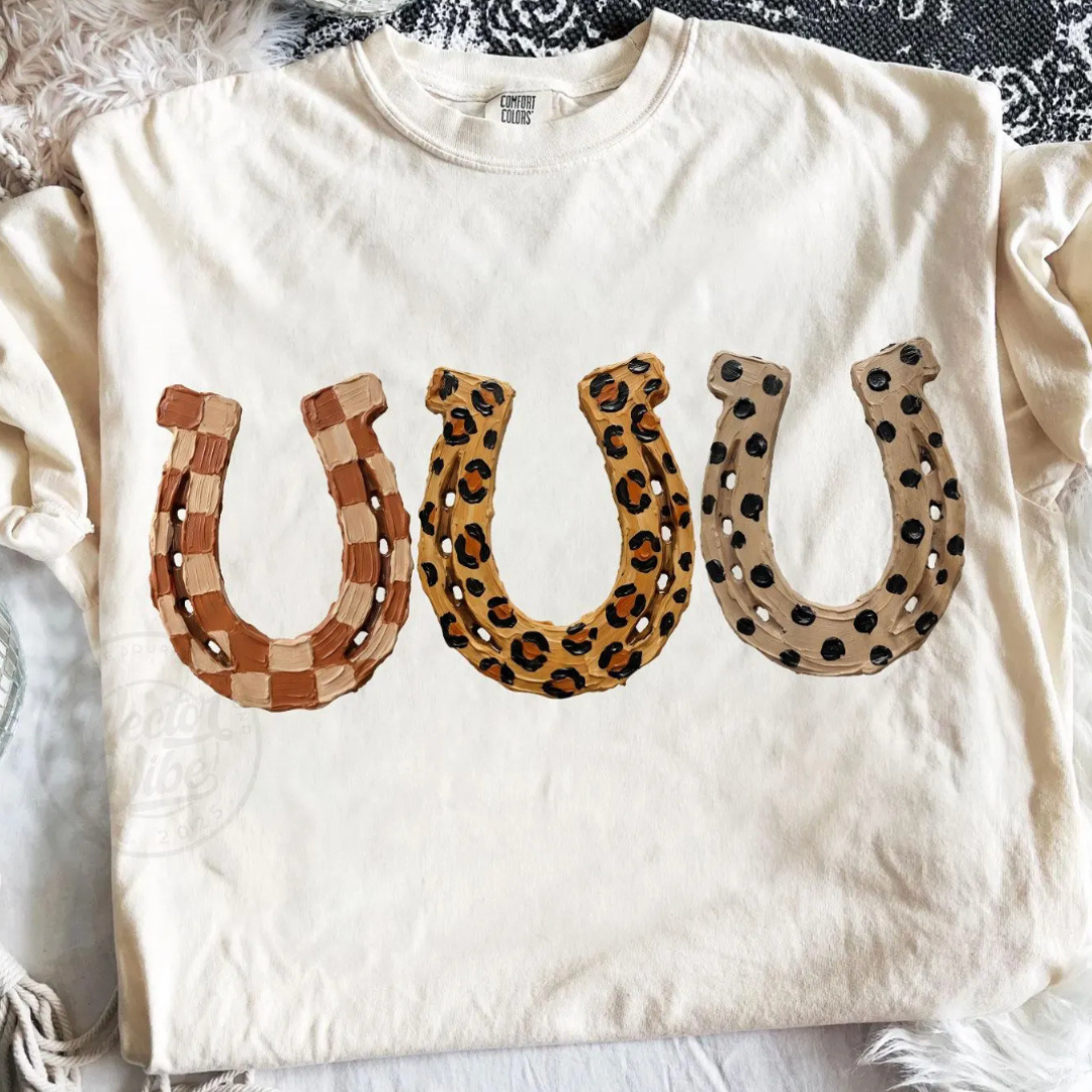 Made to Order | Faux Glitter Rhinestone Horseshoe Trio Graphic Tee or Sweatshirt in Multiple Printing Options on Ivory