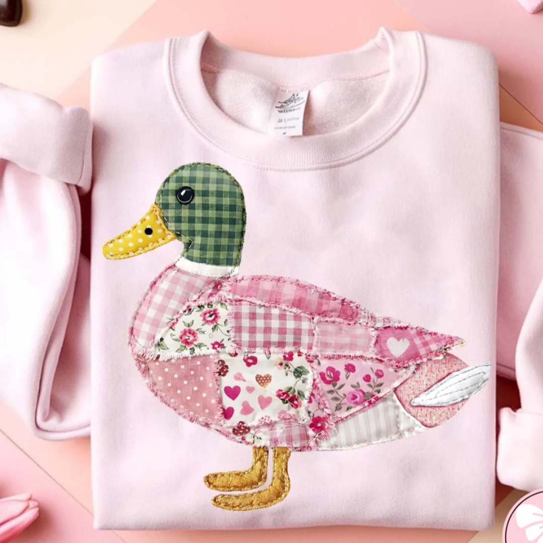 Made to Order | Faux Patchwork Pink Mallard Design Graphic Tee or Sweatshirt in Multiple Printing Options on Light Pink