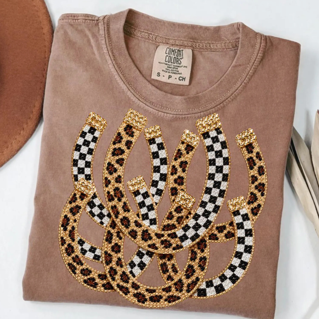 Made to Order | Faux Rhinestone Glitter Horseshoe Design Graphic Tee or Sweatshirt in Multiple Printing Options on Charcoal or Brown