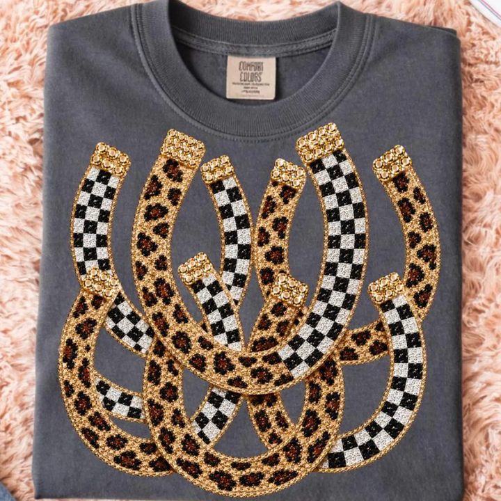 Made to Order | Faux Rhinestone Glitter Horseshoe Design Graphic Tee or Sweatshirt in Multiple Printing Options on Charcoal or Brown