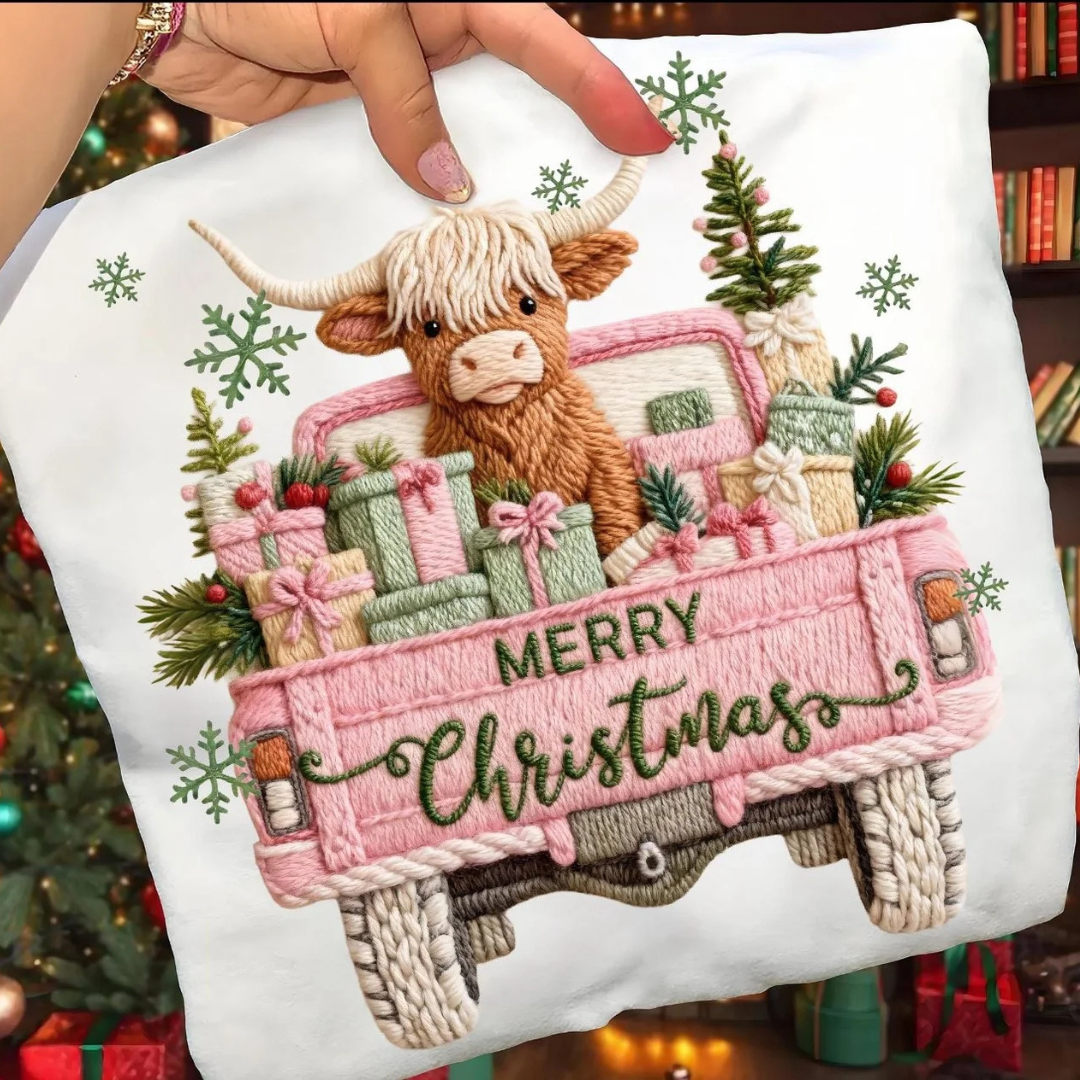 Made to Order | Faux Yarn Highland Holiday Truck Graphic Tee or Sweatshirt in Multiple Printing Options on White