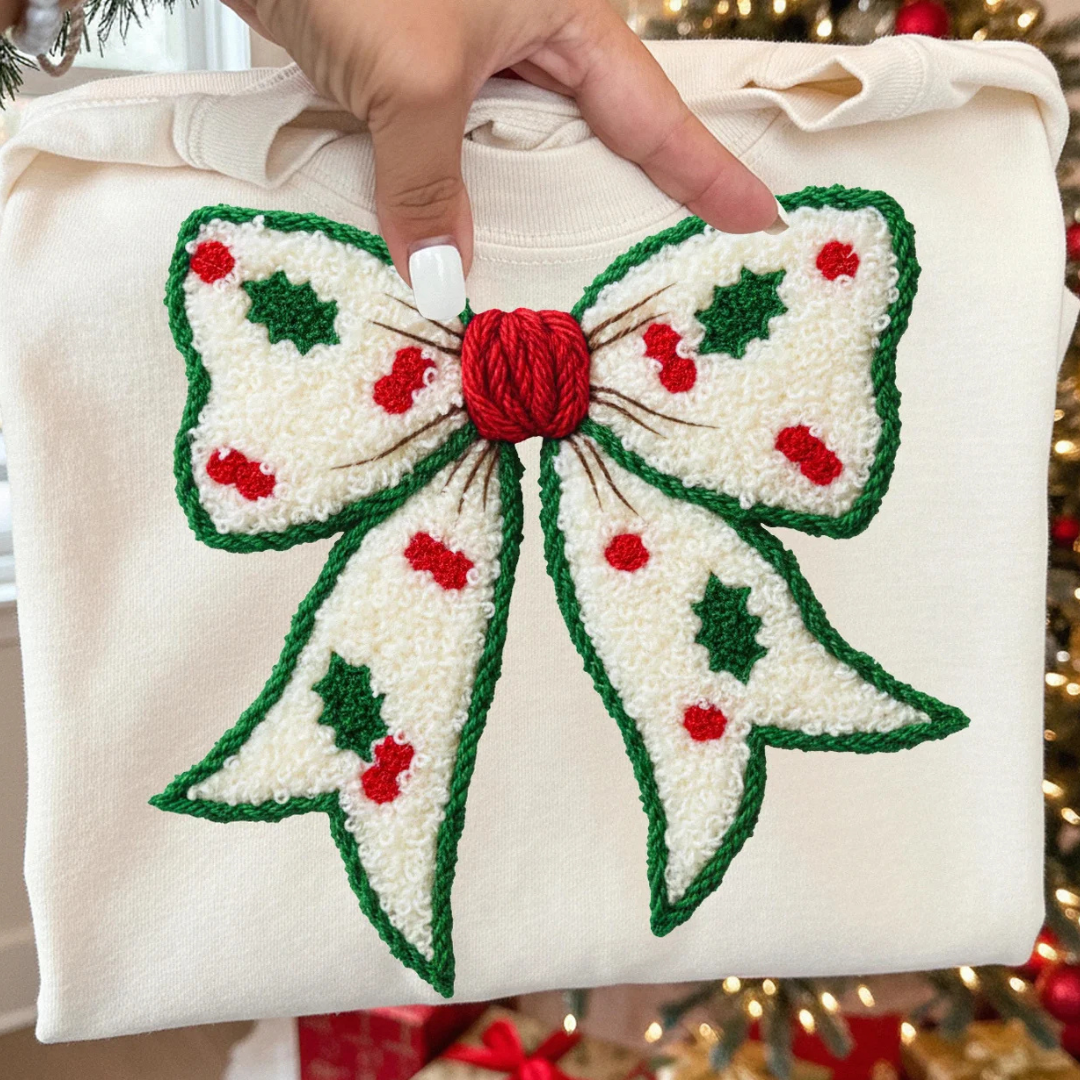 Made to Order | Faux Yarn Holly Bow Graphic Tee or Sweatshirt in Multiple Printing Options on White