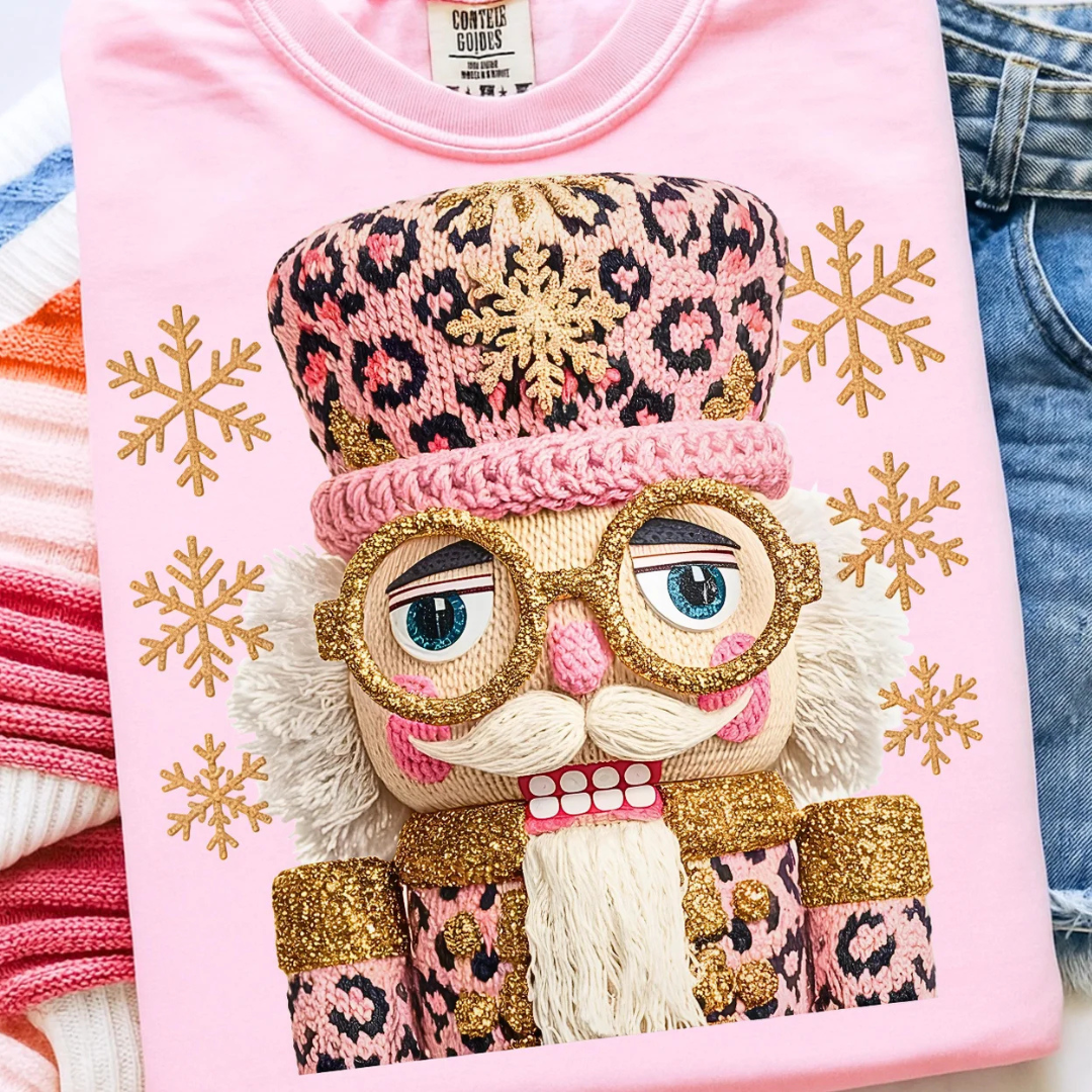 Made to Order | Faux Yarn Leopard Nutcracker Graphic Tee or Sweatshirt in Multiple Printing Options on Light Pink