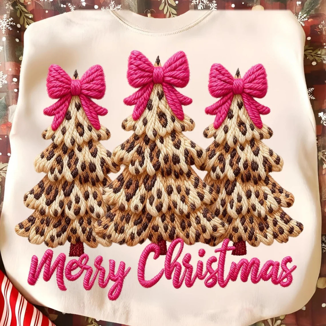 Made to Order | Faux Yarn Leopard Pink Tree Graphic Tee or Sweatshirt in Multiple Printing Options on White