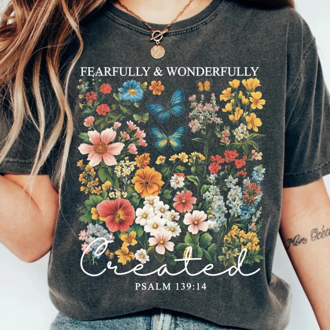 Made to Order | Fearfully &amp; Wonderfully Created Design Graphic Tee or Sweatshirt in Multiple Printing Options on Pepper Black