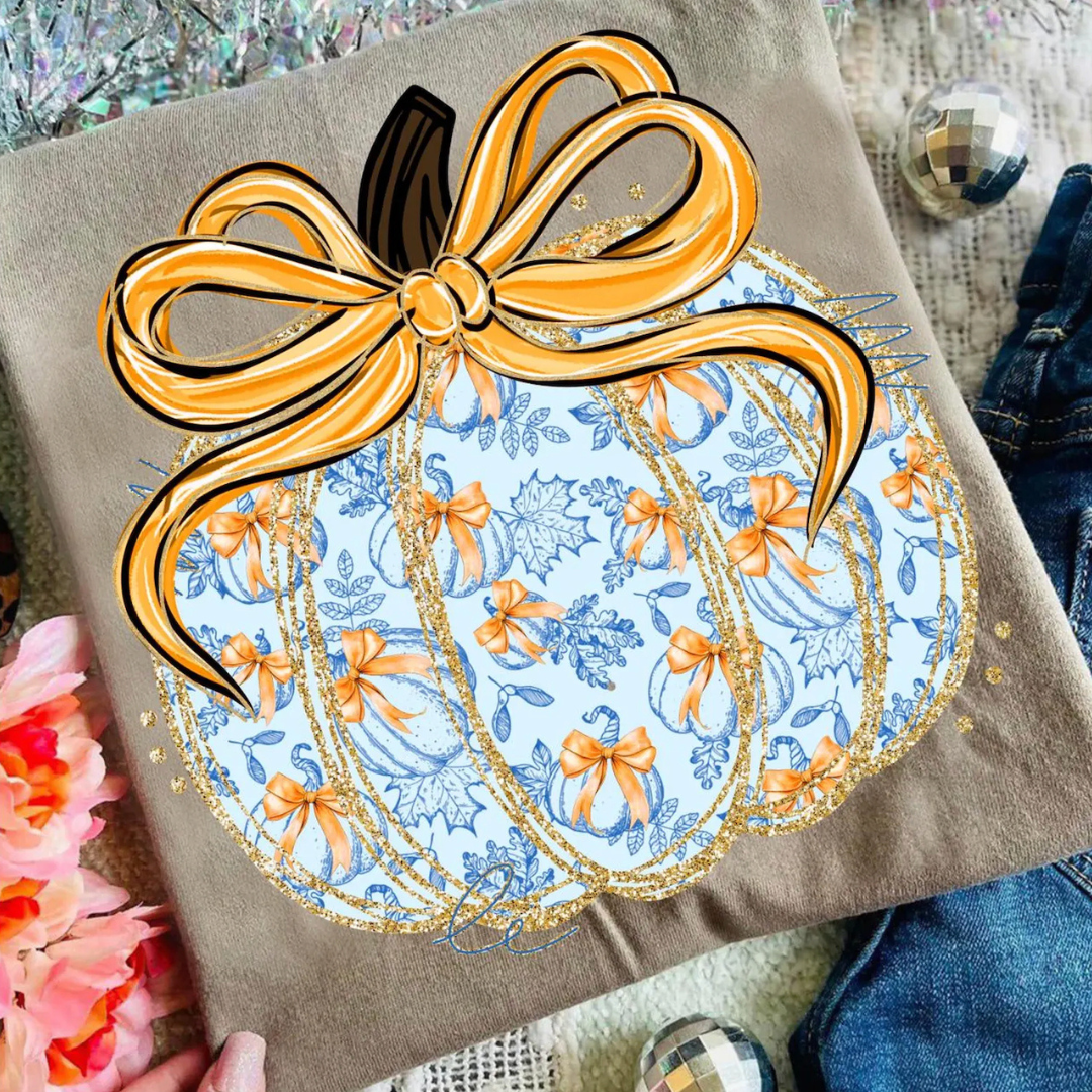 Made to Order | Floral Blue Pumpkin Design Graphic Design Tee or Sweatshirt in Multiple Printing Options on Brown