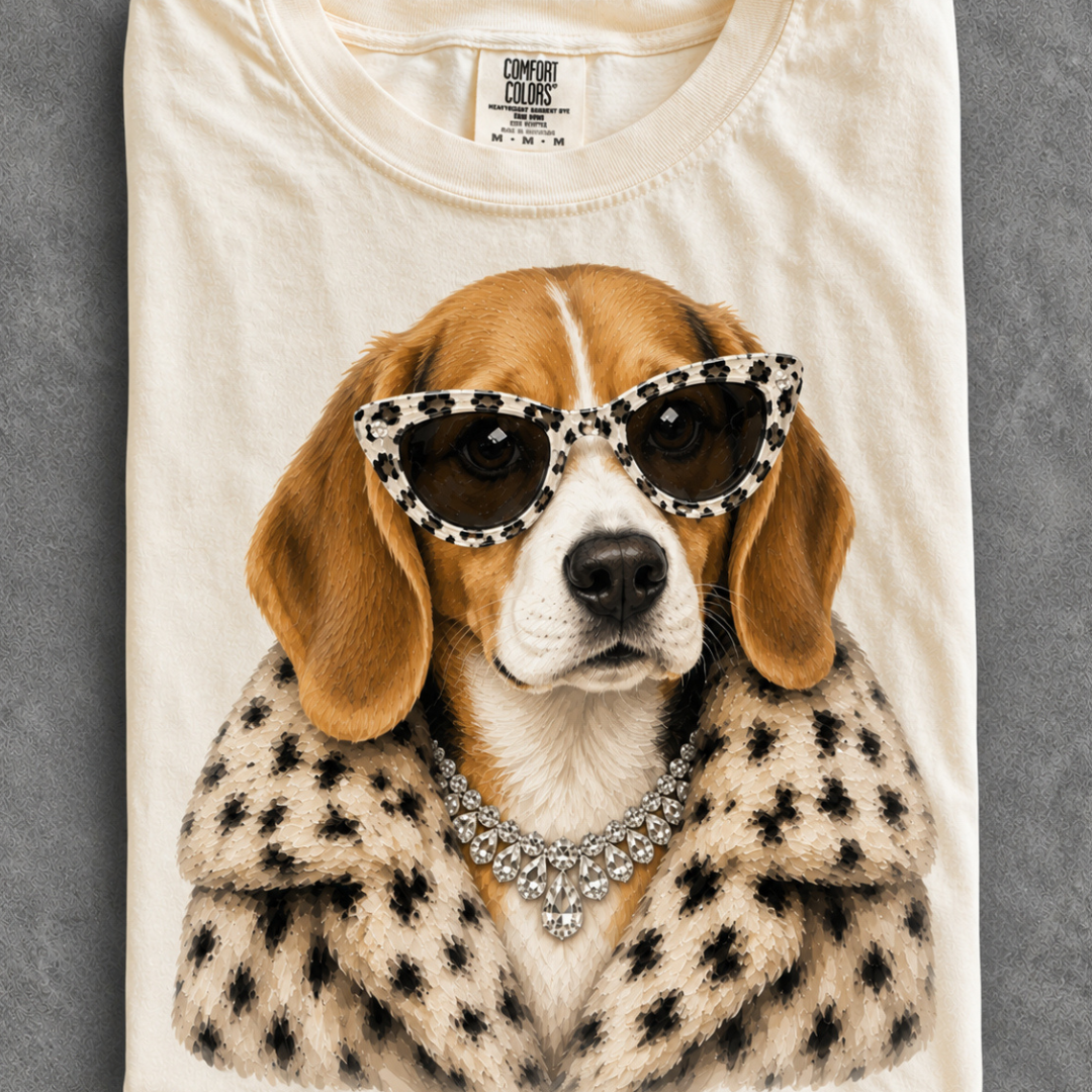 Made to Order | Fur Coat Energy Beagle Printed Graphic Design Tee or Sweatshirt in Multiple Printing Options on Ivory