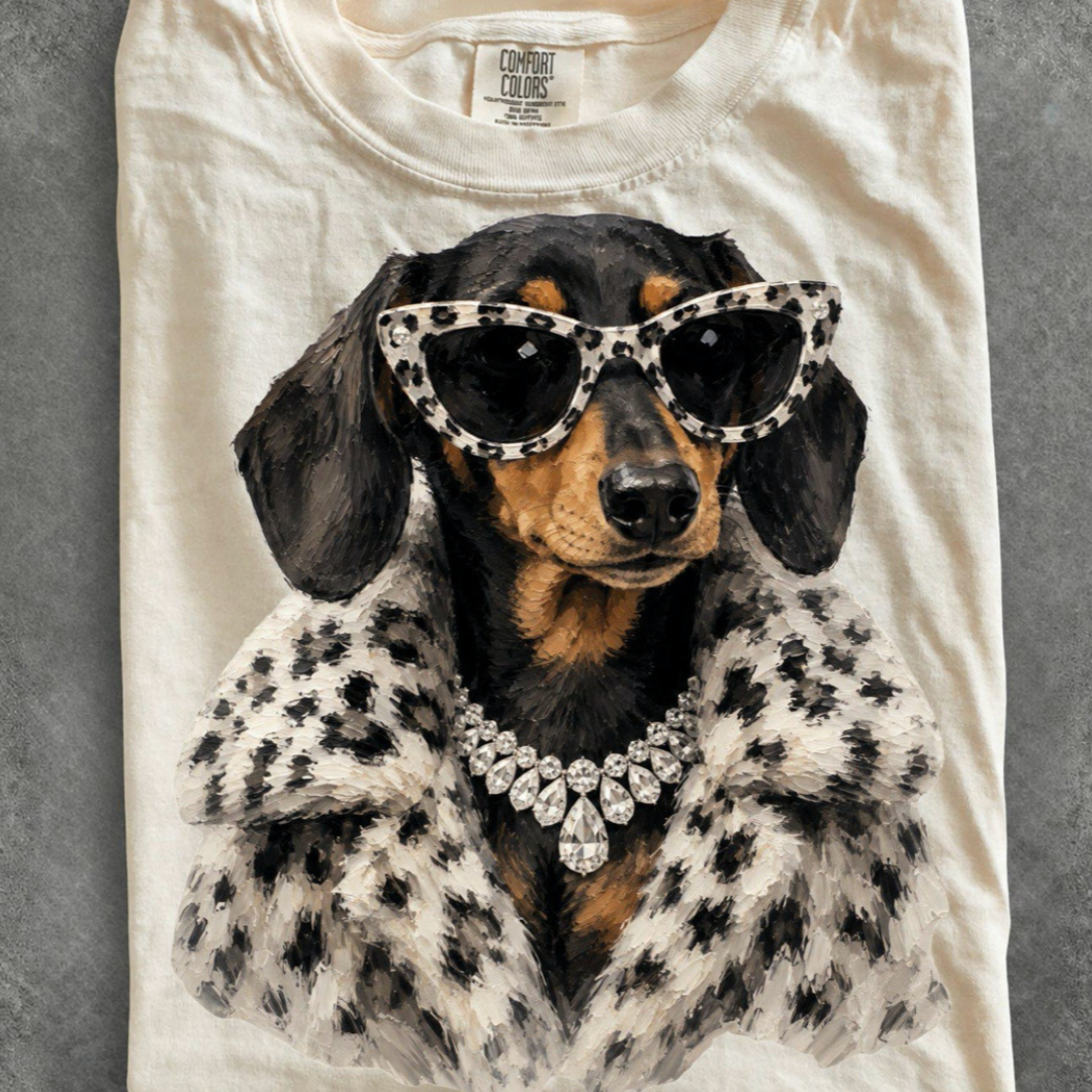 Made to Order | Fur Coat Energy Black/Brown Weenie Dog Printed Graphic Design Tee or Sweatshirt in Multiple Printing Options on Ivory