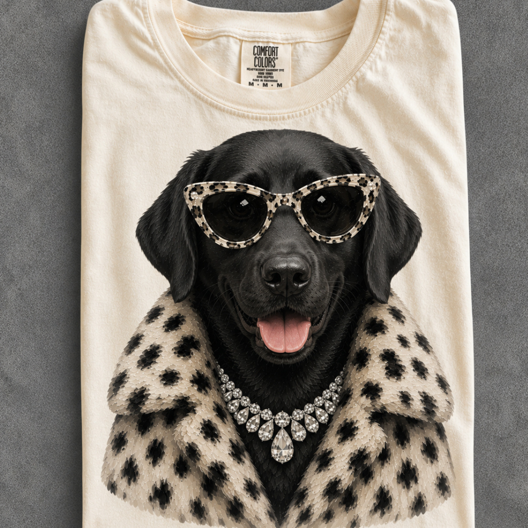 Made to Order | Fur Coat Energy Black Lab Printed Graphic Design Tee or Sweatshirt in Multiple Printing Options on Ivory
