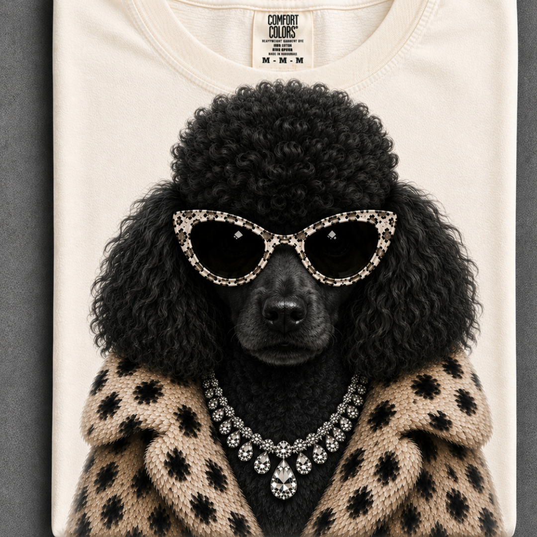 Ivory graphic tee or sweatshirt featuring a black Poodle wearing spotted cat-eye sunglasses, a sparkling statement necklace and spotted faux fur coat.