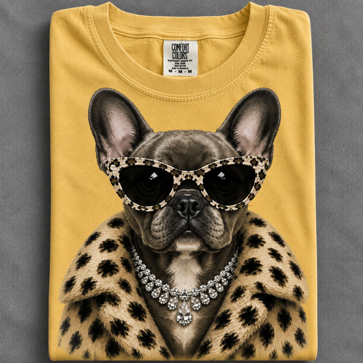 Made to Order | Fur Coat Energy Blue Frenchie Design Graphic Tee or Sweatshirt in Multiple Printing Options on Ivory or Mint Blue or Yellow