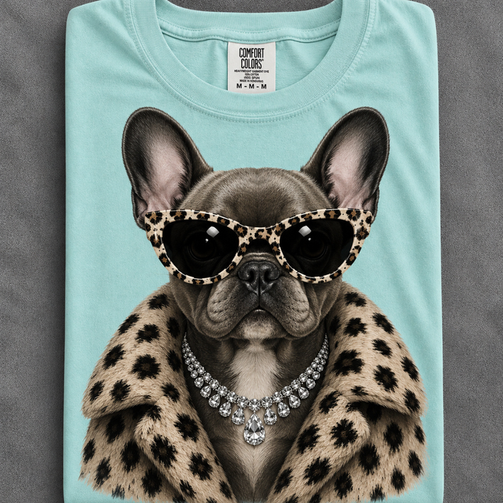 Made to Order | Fur Coat Energy Blue Frenchie Design Graphic Tee or Sweatshirt in Multiple Printing Options on Ivory or Mint Blue or Yellow