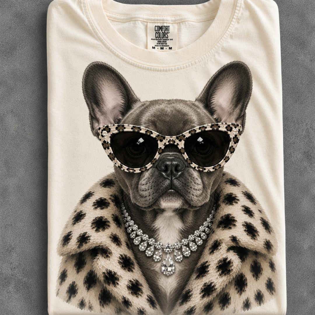 Made to Order | Fur Coat Energy Blue Frenchie Printed Graphic Design Tee or Sweatshirt in Multiple Printing Options on Ivory