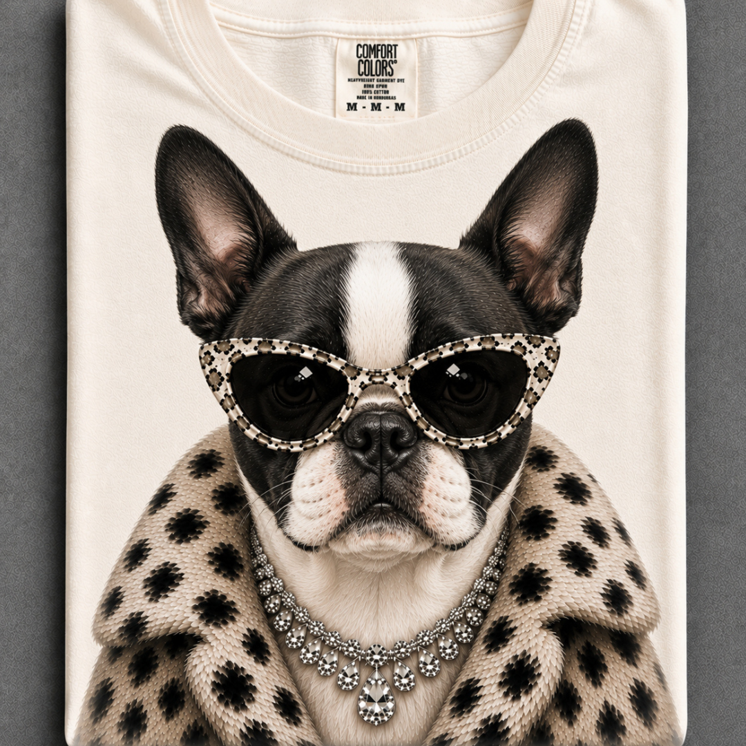 Ivory graphic tee or sweatshirt featuring a black and white Boston Terrier wearing spotted cat-eye sunglasses, a sparkling necklace and spotted faux fur coat.