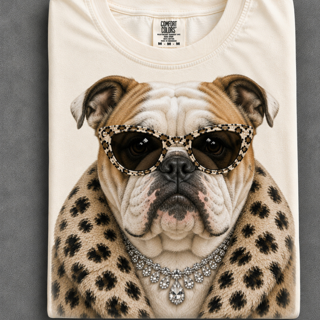 Made to Order | Fur Coat Energy Bulldog Printed Graphic Design Tee or Sweatshirt in Multiple Printing Options on Ivory