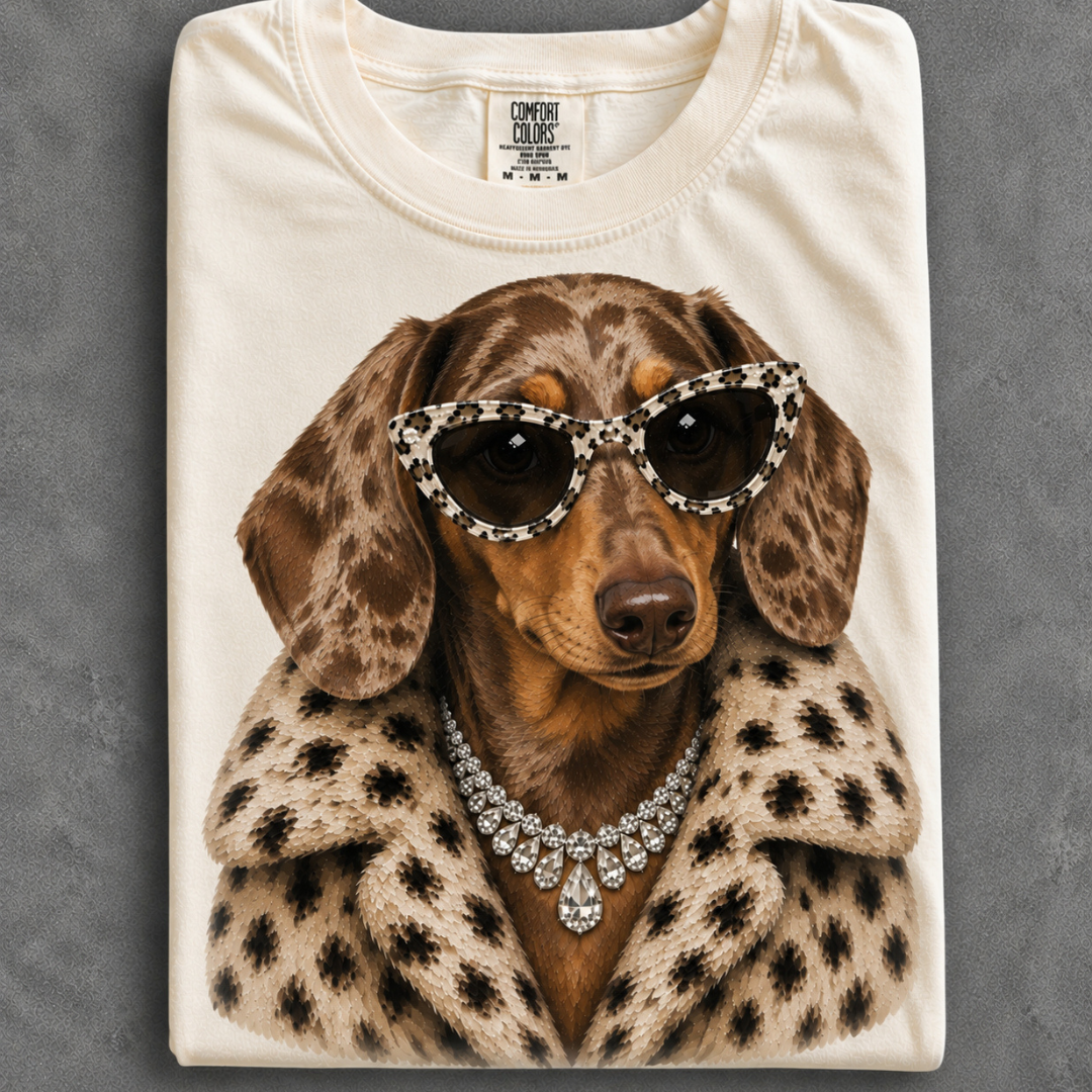 Made to Order | Fur Coat Energy Chocolate Dapple Weenie Printed Graphic Design Tee or Sweatshirt in Multiple Printing Options on Ivory