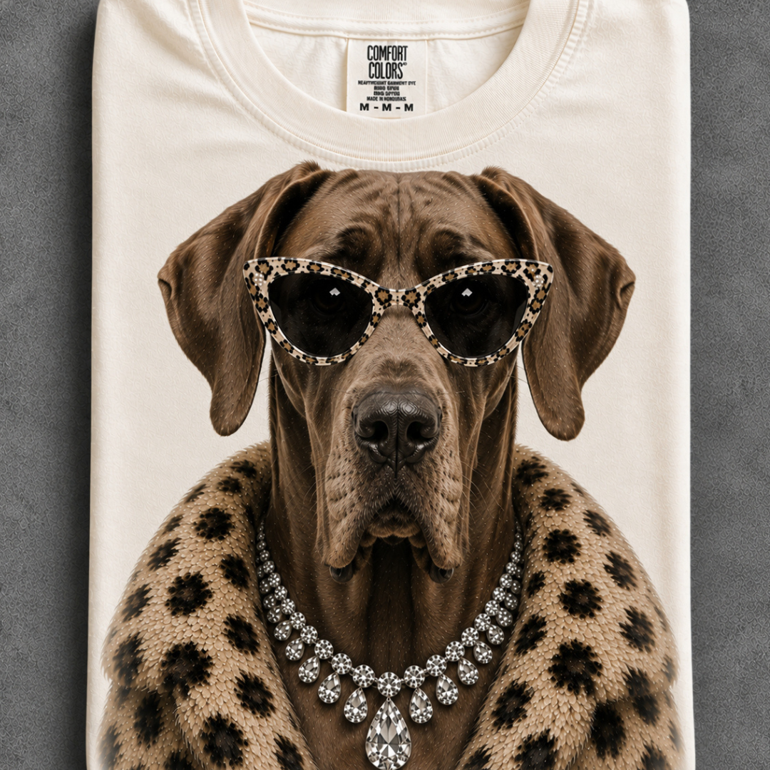 Made to Order | Fur Coat Energy Chocolate Great Dane Printed Graphic Design Tee or Sweatshirt in Multiple Printing Options on Ivory