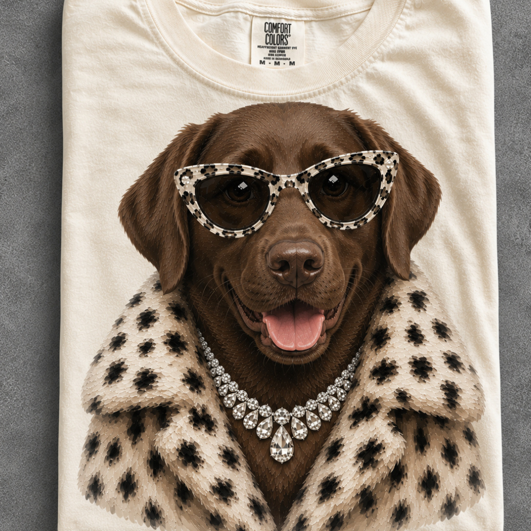 Made to Order | Fur Coat Energy Chocolate Lab Printed Graphic Design Tee or Sweatshirt in Multiple Printing Options on Ivory