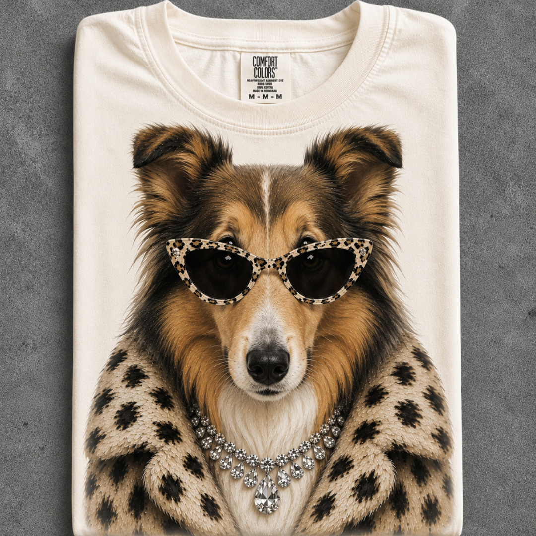 Made to Order | Fur Coat Energy Collie Printed Graphic Design Tee or Sweatshirt in Multiple Printing Options on Ivory