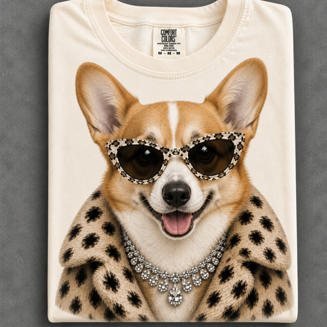 Made to Order | Fur Coat Energy Corgi Printed Graphic Design Tee or Sweatshirt in Multiple Printing Options on Ivory