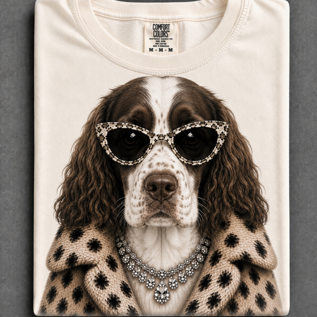 Ivory graphic tee or sweatshirt featuring a brown and white English Springer Spaniel wearing spotted cat-eye sunglasses, a sparkling necklace and spotted faux fur coat.
