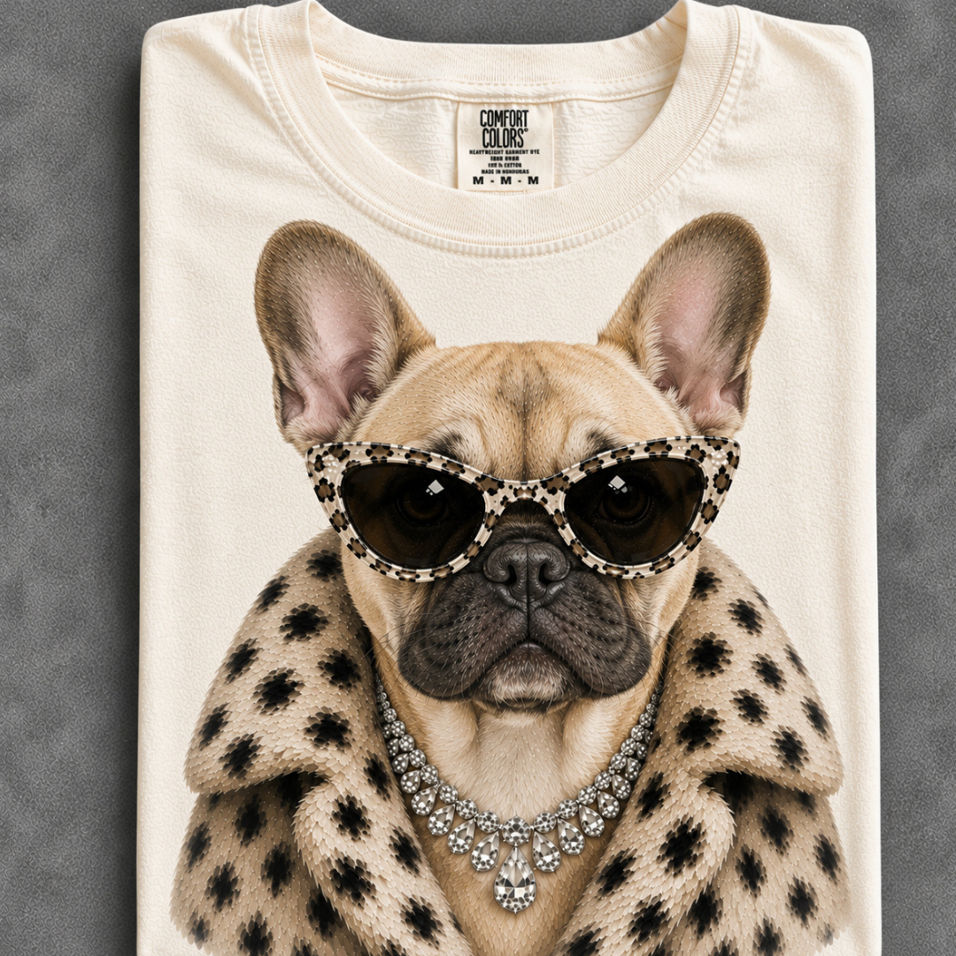 Made to Order | Fur Coat Energy Fawn Frenchie Printed Graphic Design Tee or Sweatshirt in Multiple Printing Options on Ivory